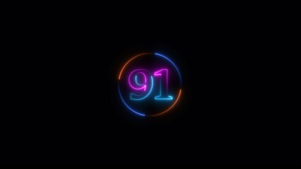 Neon light text number icon, business 91 number background 4k illustration.