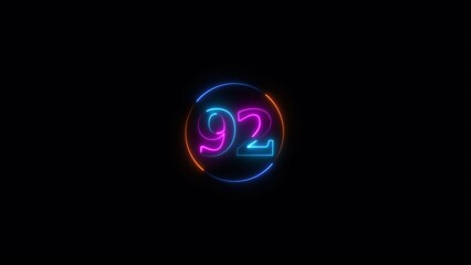 Neon light text number icon, business 92 number background 4k illustration.