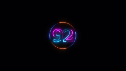 Neon light text number icon, business 92 number background 4k illustration.