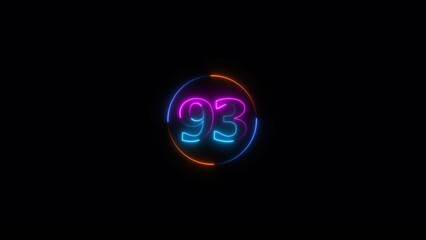 Neon light text number icon, business 93 number background 4k illustration.
