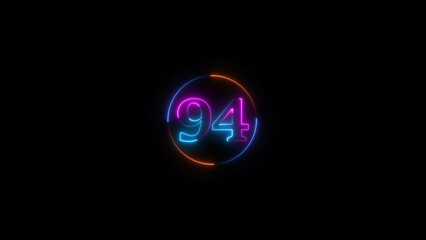 Neon light text number icon, business 94 number background 4k illustration.
