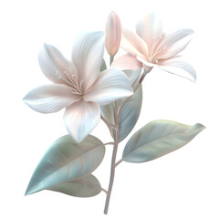 Close-up artistic illustration of two light pink lilies with delicate leaves and a pastel color scheme, set against a colorful geometric background.