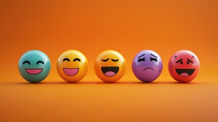 colorful orange backdrop with nine 3D emoticons, each showing different expressions: happiness, surprise, fear, anger, sadness, joy, irritation, confusion, and calmness.