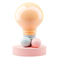 Vibrant, decorative lightbulb sculpture, with pastel colors and geometric shapes.  It stands on a pastel pink platform with light blue and pink spheres.