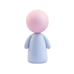 Stylized, light-colored 3D model of a simple, round-headed figure, wearing a light-blue garment.  The colors are pastel and soft.