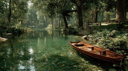 Fototapeta premium Tranquil forest river scene with rowboat