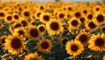 Sunflowers in a field at sunset.  A vibrant field of sunflowers, bathed in golden light, reaching towards the sky