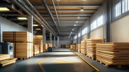 Industrial Warehouse Interior with Stacked Wooden Boards