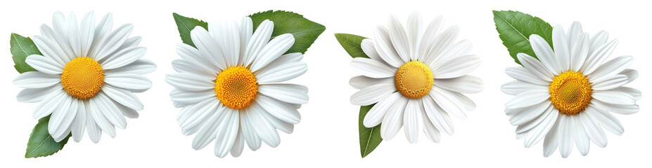 PNG Four daisies with leaves, element set on transparent background