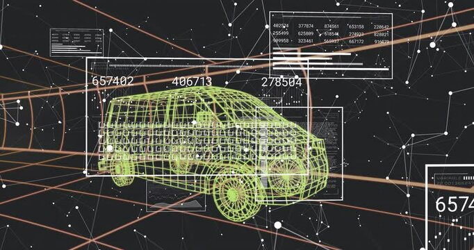 Neon green wireframe van showing floating white panels and data fields with orange streams flowing