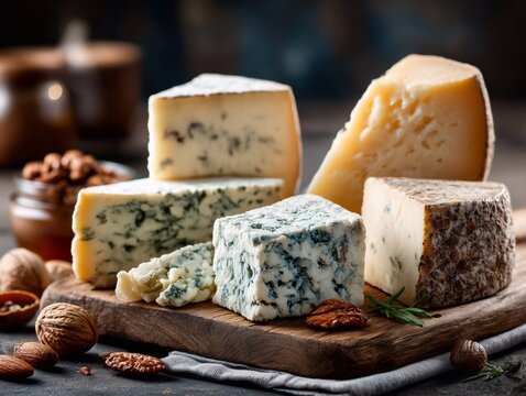 Cheese collection, gorgonzola and blue cheese on wooden cutting board