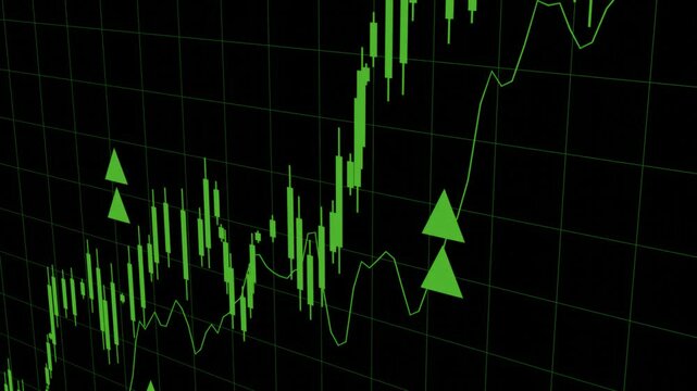 Up trend new hight green chart candlestick on grind and arrow table black background rise up profit climb in bull market high.