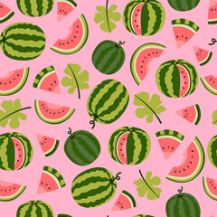 Seamless summer pattern with whole watermelons, watermelon slices, and green leaves on pink background. Flat colorful fruit design.