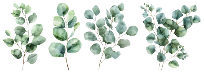 Obraz premium PNG Watercolor eucalyptus leaves illustration, element set on transparent background