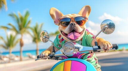 Happy dog wearing sunglasses and hawaiian shirt riding a scooter on a sunny beach road, cheerful french bulldog enjoying summer vacation travel concept.