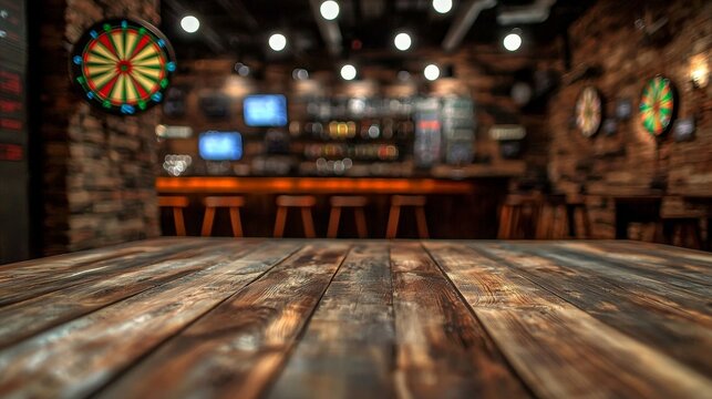 Detailed shot of a vacant wood table set against a mancave atmosphere.