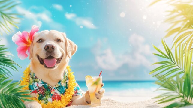 A happy golden retriever dog wears a flowered shirt and lei on a tropical beach, holding a cocktail. Summer vacation pet concept for social media posts. - Powered by Adobe