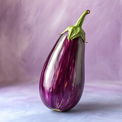 An eggplant standing upright on a soft lilac background.