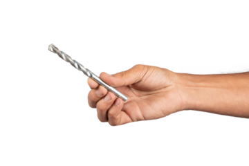 Male hand holding a drill bit isolated no background cutout