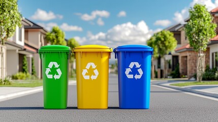 Colorful recycling bins on a suburban street, promoting eco-friendly waste management in a sunny neighborhood.