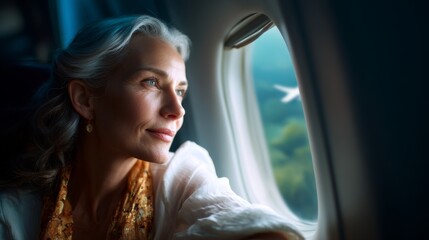 Woman by illuminator looking out from airplane window, concept of travel, journey, summer, journey.
