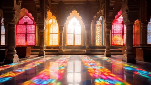 Colorful light patterns fill the hall of an ancient palace in Rajasthan during midday