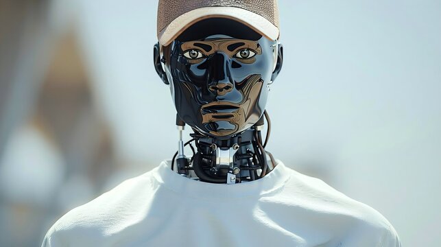 A humanoid robot with a white shirt and brown baseball cap stands, featuring a detailed face with brown eyes and a neutral expression.