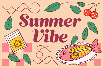 Summer Vibe Illustration with Fish and Cherries Design