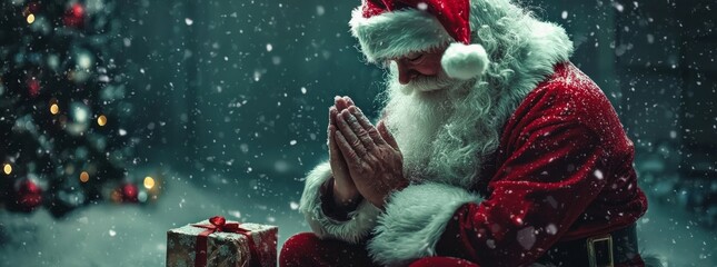 Naklejka premium Santa Claus is depicted offering a heartfelt prayer to God.