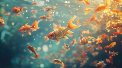 Goldfish swimming underwater among bubbles and sunlight with a peaceful aquarium vibe
