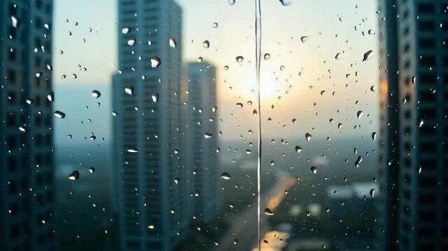 Raindrops on window in the city. Rainy weather with a sun on the sky. Water drops flowing on the glass window on the background of high-rise buildings.