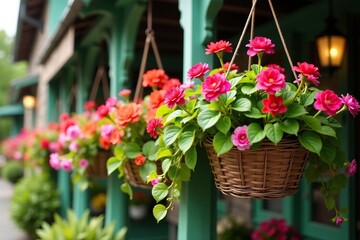 Vibrant hanging baskets overflowing with colorful flowers, lush greenery, and cascading blooms , summer flowers, cascade, summer