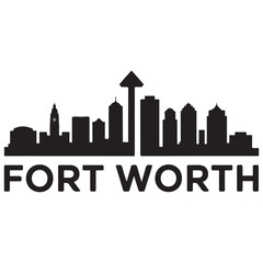 Vector Fort Worth skyline. Travel Fort Worth famous landmarks. Business and tourism concept for presentation, banner, web site. Vector black silhouette. with white background