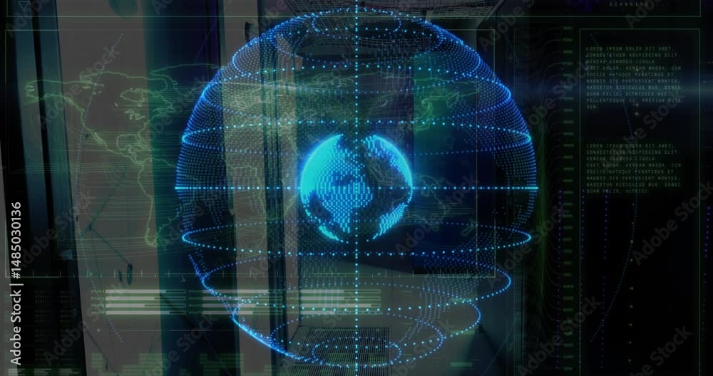 Poster 3d render holographic globe hovering over lab, projecting gridlines and scanning interface panels