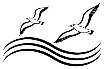Fototapeta premium Two Seagulls in Flight Over Wavy Ocean Waves Abstract Design