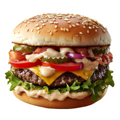 Delectable, loaded hamburger, featuring a variety of toppings, presented in a close-up view.