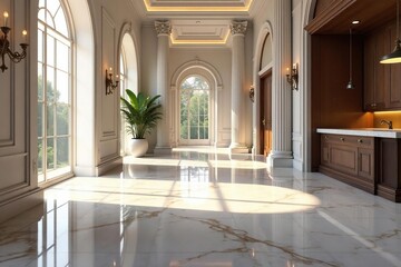 Luxurious polished marble floor, gleaming under soft light , shine, apartment