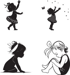 Black and white vector illustrations of young girls, child silhouettes playing with flowers and hearts, emotional and whimsical design, little girl in profile, floral and butterfly motifs art.