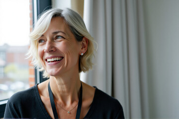 Fototapeta premium Woman sitting at a table in front of a window, wearing a black dress and smiling.