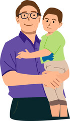 Vector illustration of a young father wear eyeglasses carrying his son. Flat design cartoon character.