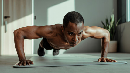 Obraz premium Individual performing plank exercise on a workout mat displaying focused and determined expression