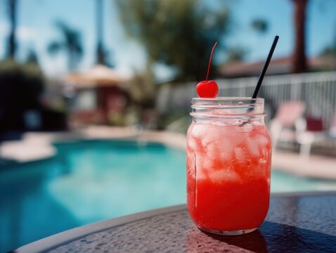 Refreshing red cocktail drink with cherry garnish sits poolside in mason jar on sunny day close up