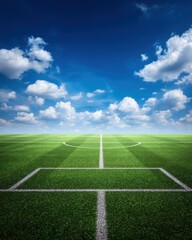Obraz premium Empty Soccer Field Under a Blue Sky Perspective of Green Grass and White Lines in Outdoor Stadium on Sunny Day