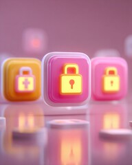 Colorful digital icons representing security and health, set against a soft pink background with reflections
