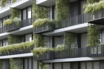 Fototapeta premium Modern apartment building facade with green balconies and vertical gardens urban architecture design