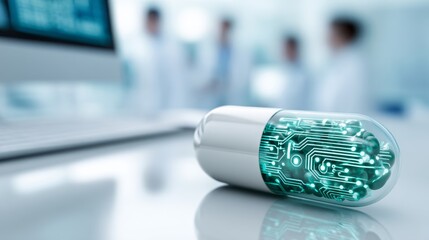 Transparent Capsule with Teal Digital Data on a Table in a Modern Laboratory Setting