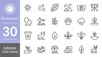 Fototapeta premium A set of 30 minimalist line art icons arranged in a grid format, depicting enviro.nmental and nature themes.