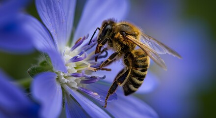 Naklejka premium Honeybee Pollinating a Vibrant Blue Flower Close-Up Macro Photography