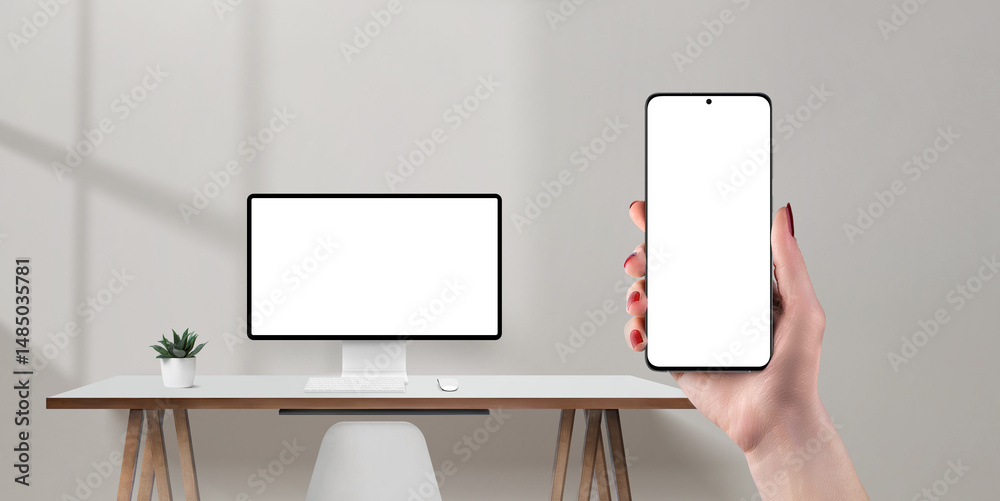 Poster Phone in hand and computer monitor in background, both with blank white screens, ideal for app and web design mockup