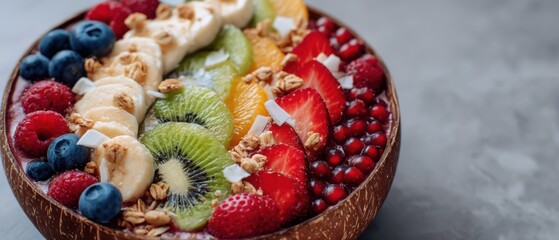 Overhead Close-up of Vibrant Fruit Smoothie Bowl with Banana Kiwi Berries and Granola in Coconut Shell on Gray Background
